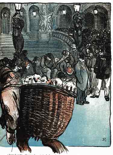 une foule de gens modeste est amassée devant un batiment officiel : dessin de steinlen