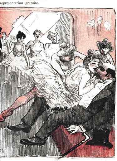 une danseuse à l'opera embrasse un monsieur riche avec des moustaches: dessin de steinlen