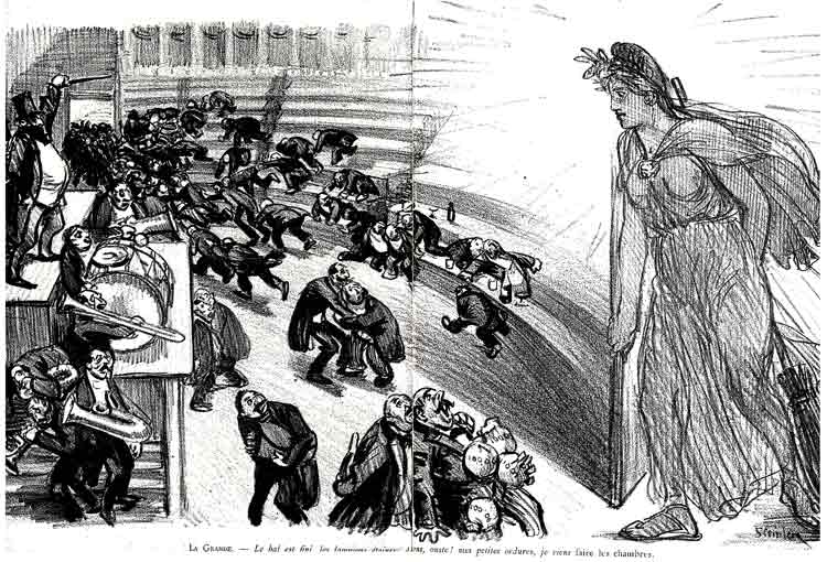 une femme symbole de la republique s'appréte à balayer la chambre des députés: dessin de steinlen