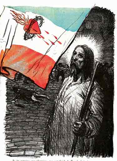 Le Christ avec en arriere plan un manfestant tué et un drapeau  taché de sang : dessin de steinlen
