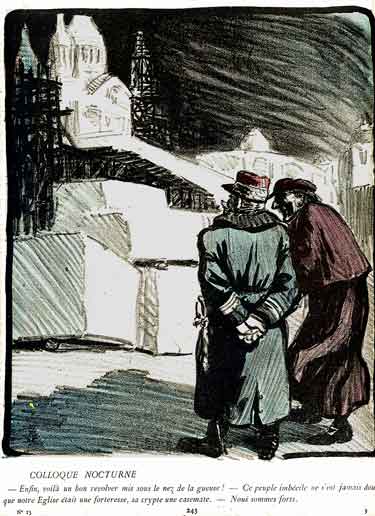 un militaire et un pretre contemple l'église de Montmartre:dessin de steinlen