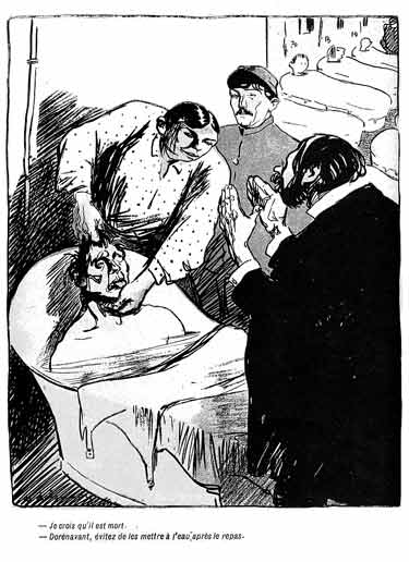Un psychiatre et un infirmier contemplent un malade mort d'une congestion à la suite d'un bain glacé.