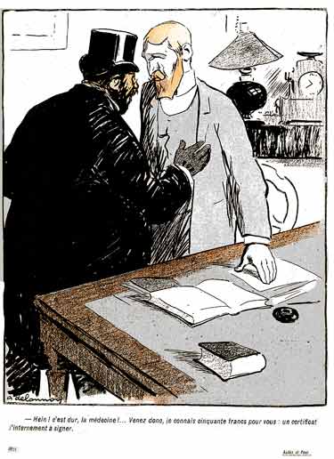 Conversation entre un homme en habit et un médecin : dessin de Delannoy.