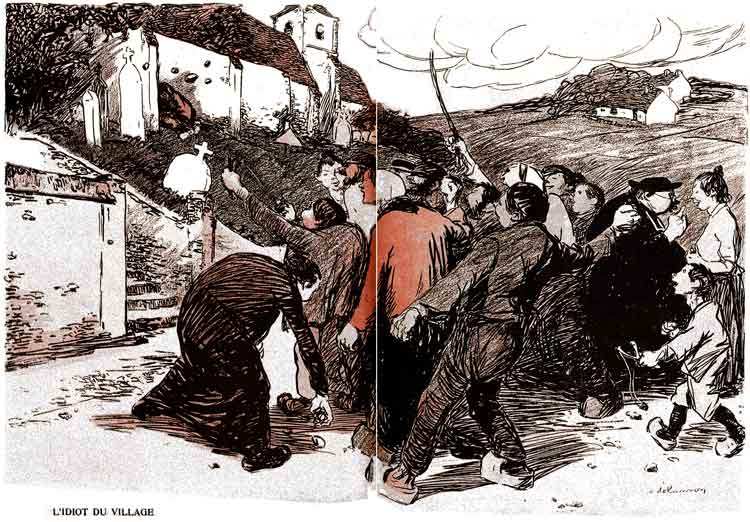 Une foule lance des pierres à un idiot de village : dessin de Delannoy.
