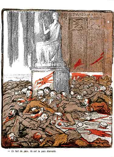 Des milliers de soldats morts , au pied d'une statue symbolisant la Paix.