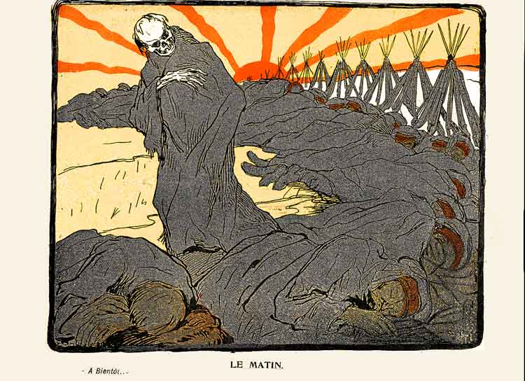 Les soldats d'un régiment dorment dehors ,sur le futur champ de bataille ;  le spectre de la mort les contemple.