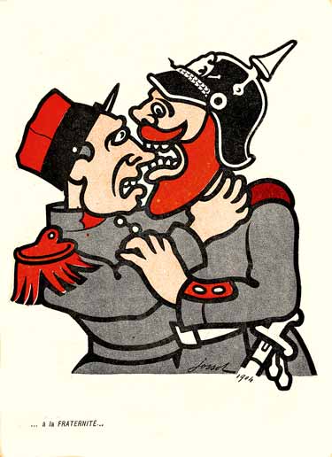 Un soldat français et un soldat allemand s'embrassent, mais l'allemand s'apprète à mordre le nez du  français.