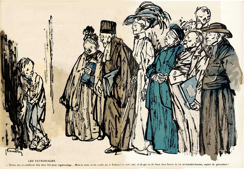 notables sermonnant un gosse des rues