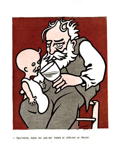 Un homme agé fait boire de l'alcool à un nouveau-né : dessin de Jossot.