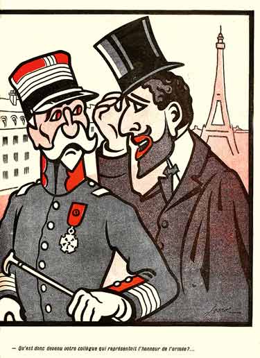 Conversation entre un officier et un juif : allusion à l'affaire Dreyfus.