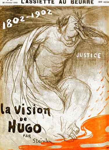 Victor Hugo, en tenue antique, m&eacute;dite sur l'horreur de l'&eacute;poque 1900 ; Une rivi&egrave;re de sang coule &agrave; ses pieds : dessin de steinlen