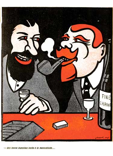 Deux jurés à la fin du repas boivent un cognac : dessin de Jossot