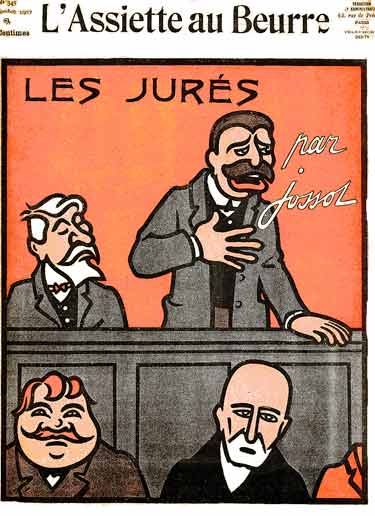 Un juré prete le serment d'usage devant la cour.dessin de Jossot