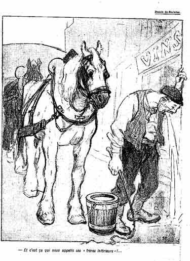 Un ivrogne vomit das un coin , un cheval le regarde faire , avec réprobation. 