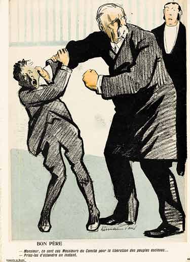 Un bourgeois tire l'oreille de son fils : dessin de Hermann Paul.