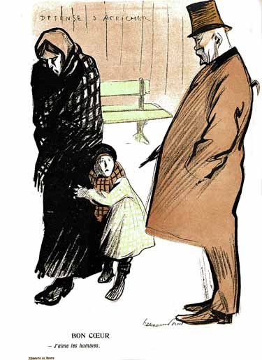 Un bourgeois contemple une femme pauvre et sa petite fille : dessin de Hermann Paul.