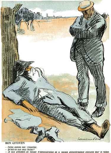 Conversation entre un bourgeois et un clochard : dessin de Hermann Paul.