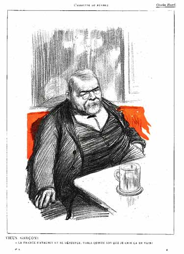 Un bourgeois ventripotent est assis dans un café devant une bière : dessin de Huard.