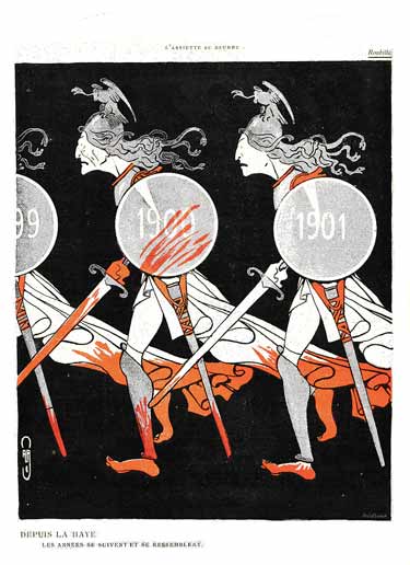 défilé de personnages mythologiques portant des boucliers et des épées tachées de sang : dessin de Roubille.