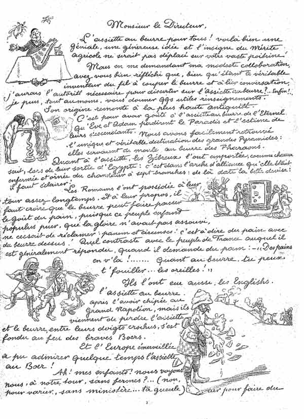 Texte manuscrit , orné de dessins, d'introduction du premier numéro de L'assiette au beurre par willette.