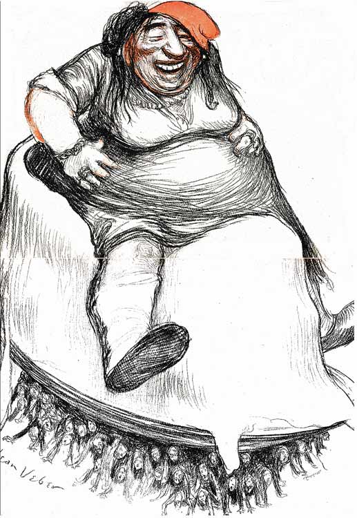 Marianne,énorme ,obèse , en bonnet phrygien  est assise sur une assiette au beurre énorme , écrasant ainsi une foule de petites gens.