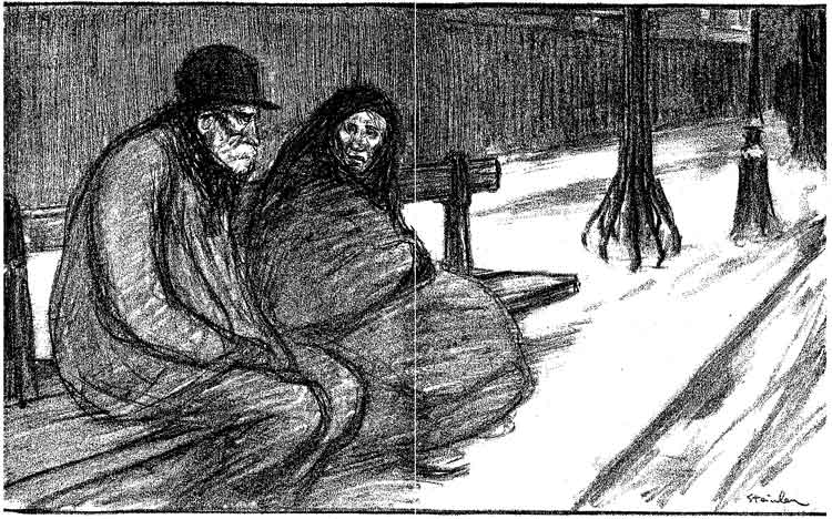 Deux clochards assis sur un banc ,dans un environnement enneigé et glacial : dessin de steinlen