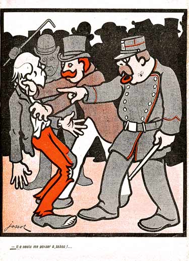 Scène de dispute entre un clochard et un agent de police : dessin de Jossot.