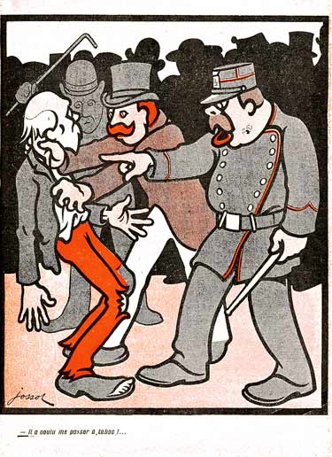 Scène de dispute entre un clochard et un agent de police : dessin de Jossot.