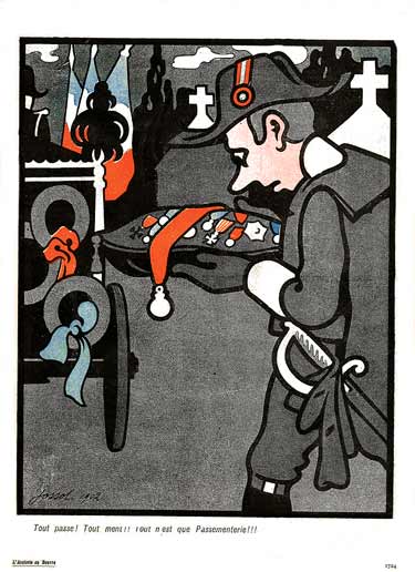 Un enterrement :  Un huissier  porte la batterie de medailles du défunt sur un coussin :dessin de Jossot.