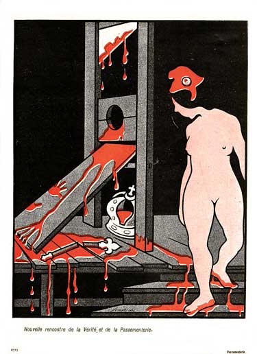 Une femme nue en bonnet phrygien  ,devant une guillottine sanglante.