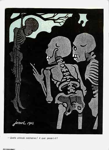 Deux squelettes contemple le squelette d'un pendu.
