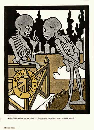 Conversation entre deux squelettes dans un cimetière.