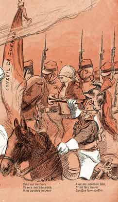 Des soldats armés de baillonnettes encadrent un condamné à mort , un dragon  joue de la trompette. dessin de willette.