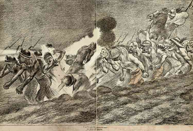 Cortège de mineurs encadrés par l'Armée;Une explosion de grisou se produit au milieu du cortège: dessin de willette.