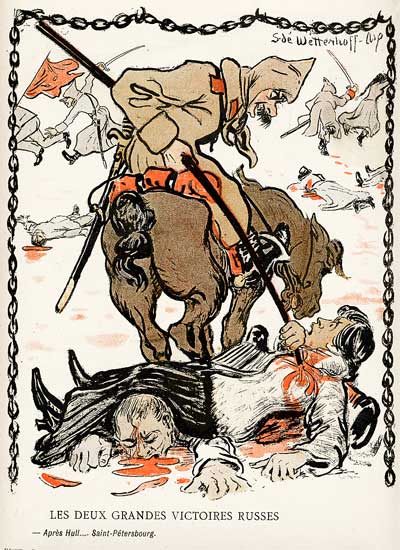 Un cosaque enfonce sa lance dans la poitrine d'une femme.