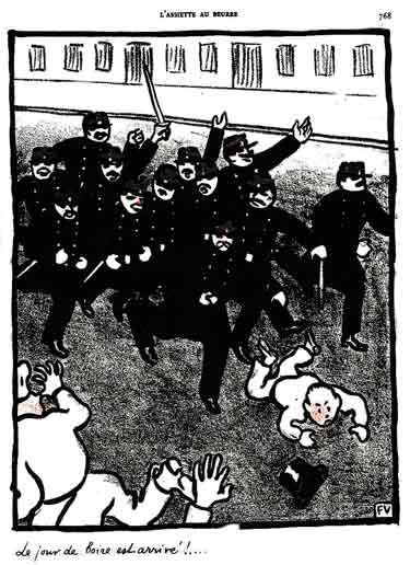 Une brigade de policiers charge des manifestants: dessin de felix vallotton.