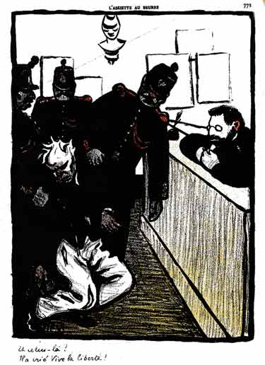 Trois gendarmes amènent un homme , roué de coups ,  au commissariat : lithographie de felix vallotton.