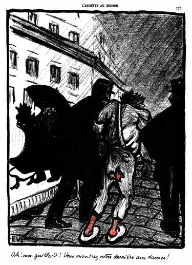 Deux agents de police emmènent un vagabond en loques : lithographie de Vallotton.