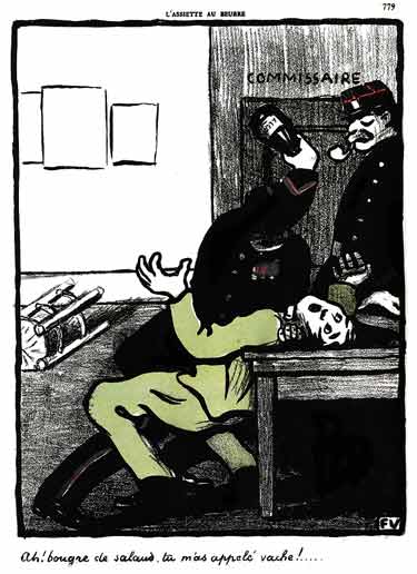 Un agent de police frappe , à coup de bouteille , un civil dans un commissariat: dessin de felix vallotton.