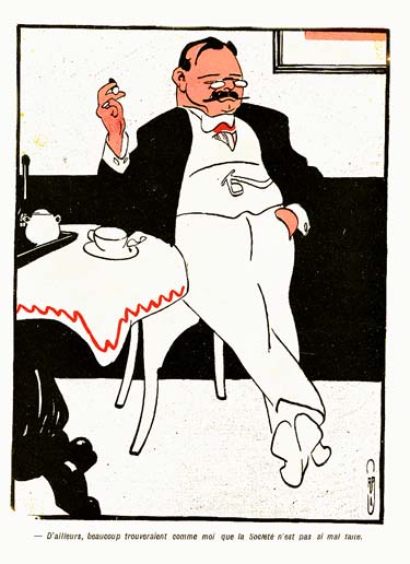 Le bourgeois ventru de la première page , a fini son repas et est en train de boire son café en fumant un cigare.