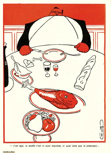 Le bourgeois ventru est assis devant un repas copieux : dessin de Roubille